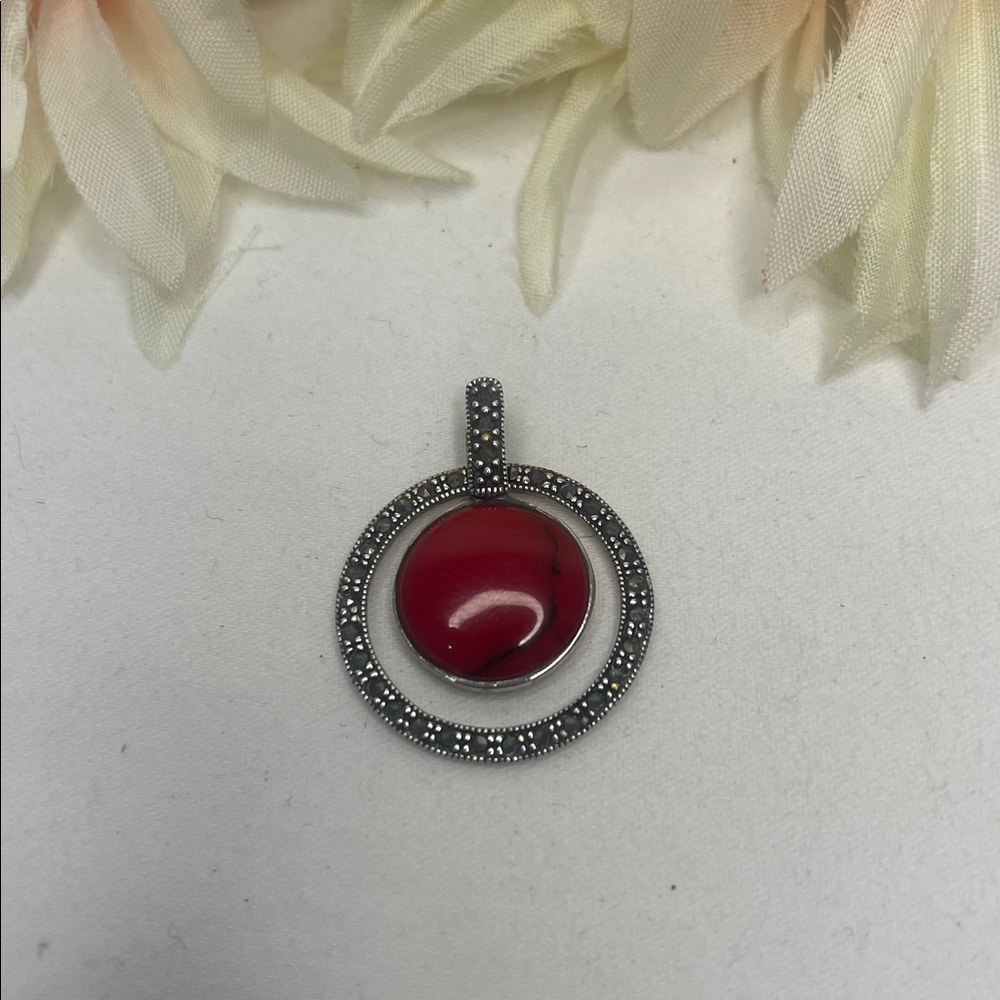 Marcasite & Red Stone Silver Pendant EUC